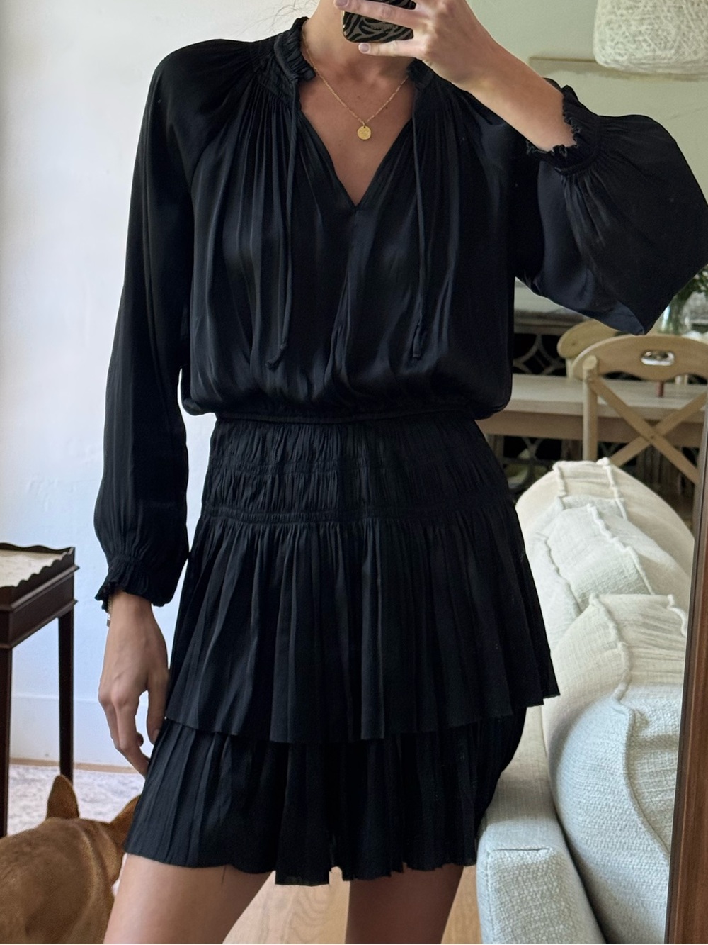Smocked Waist Black Mini Dress with Long Sleeves